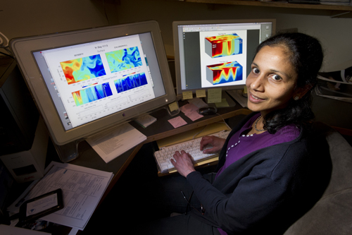 Oceanographer Amala Mahadevan with a model showing the role of eddies in the bloom.: Photograph courtesy of WHOI
